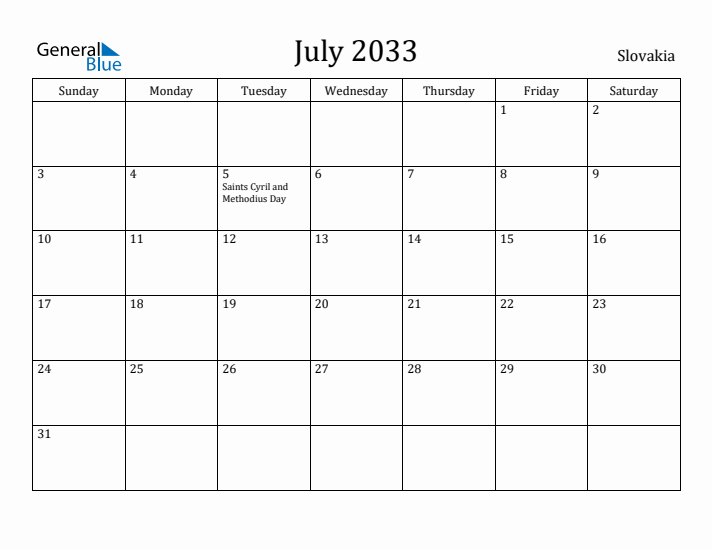 July 2033 Calendar Slovakia