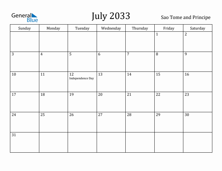July 2033 Calendar Sao Tome and Principe