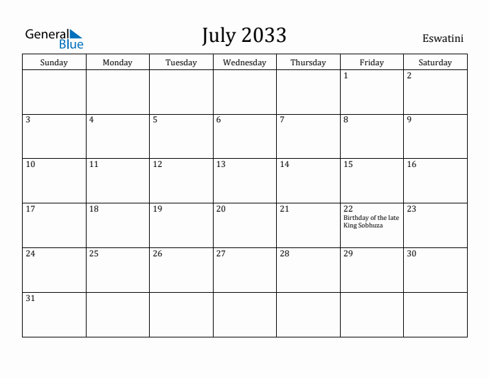 July 2033 Calendar Eswatini