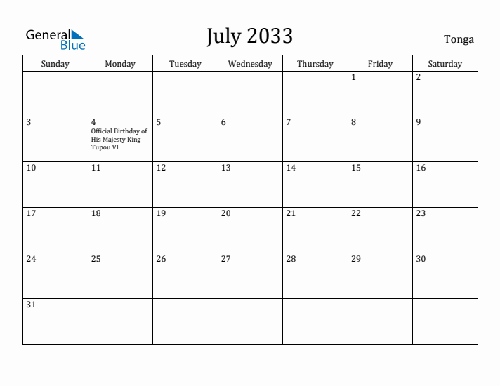July 2033 Calendar Tonga