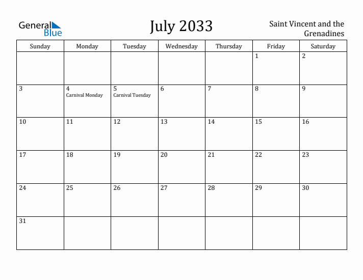 July 2033 Calendar Saint Vincent and the Grenadines