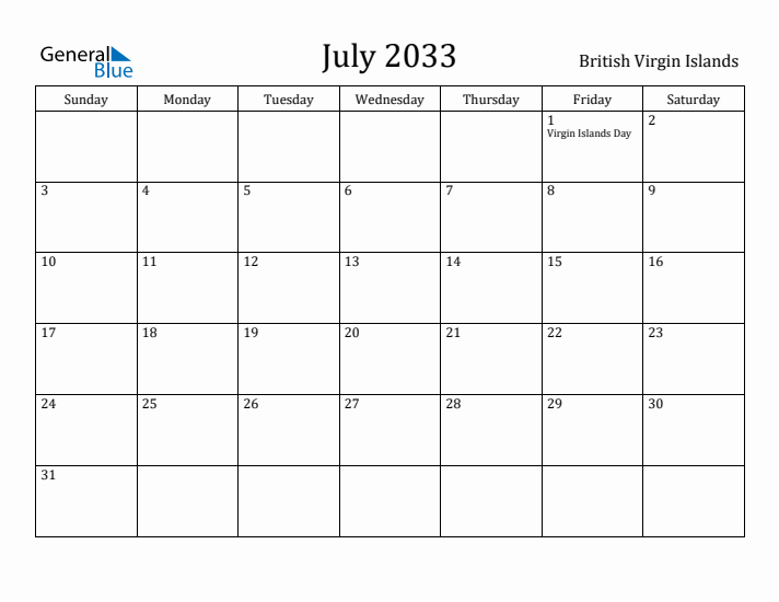 July 2033 Calendar British Virgin Islands