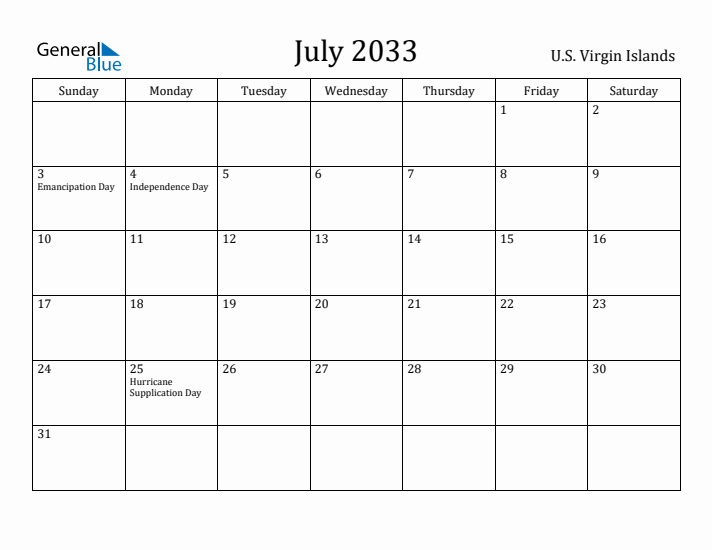July 2033 Calendar U.S. Virgin Islands