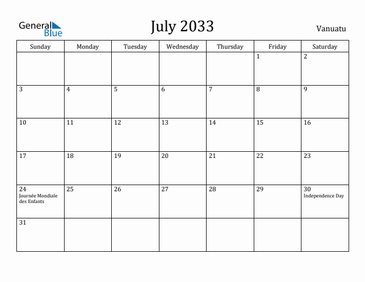 July 2033 Calendar Vanuatu