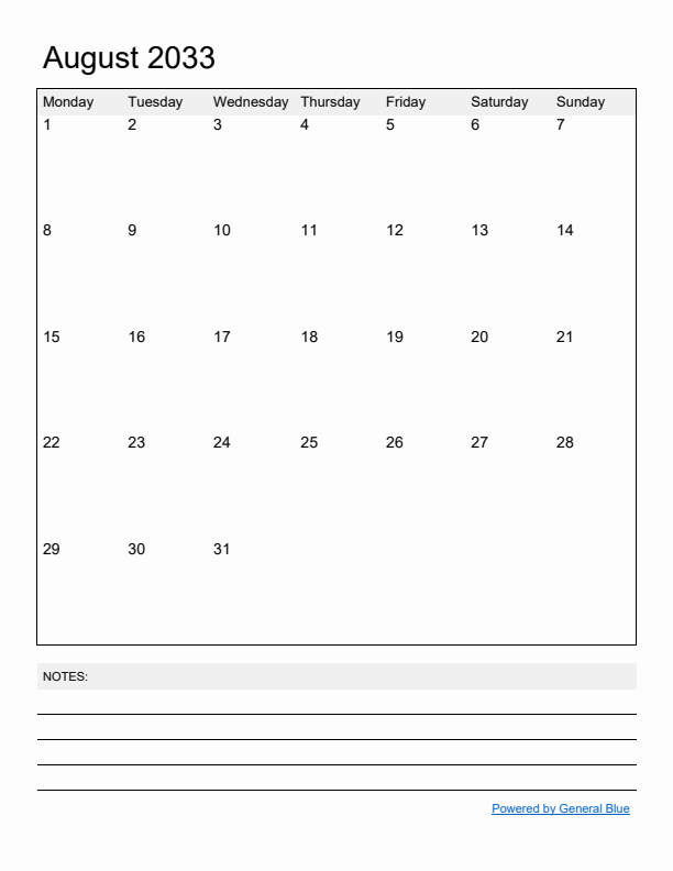Basic Monthly Calendar Template for August 2033