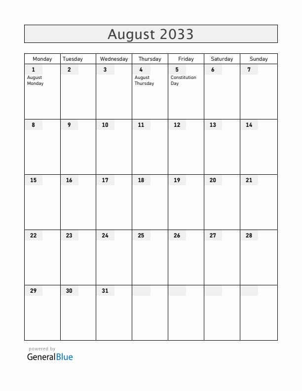 Anguilla August 2033 Calendar with Holidays