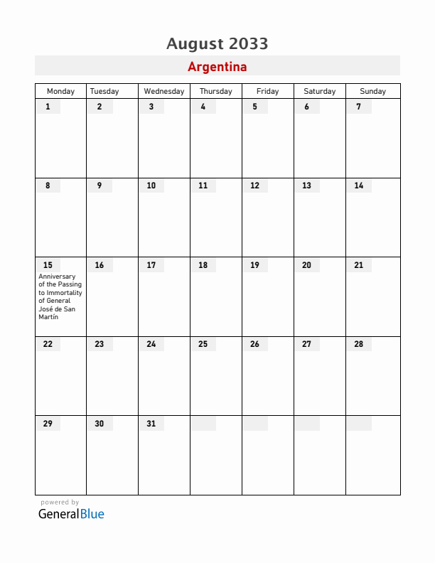 Argentina August 2033 Calendar with Holidays