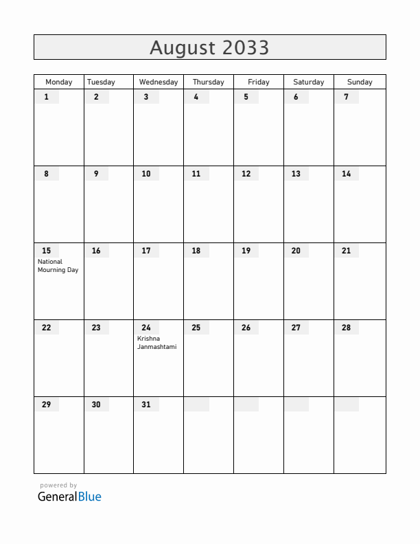 Bangladesh August 2033 Calendar with Holidays