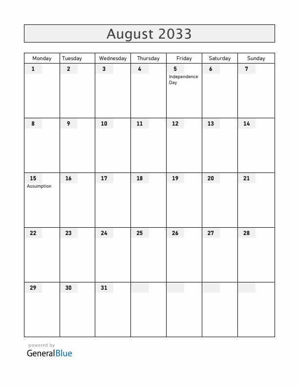 Burkina Faso August 2033 Calendar with Holidays