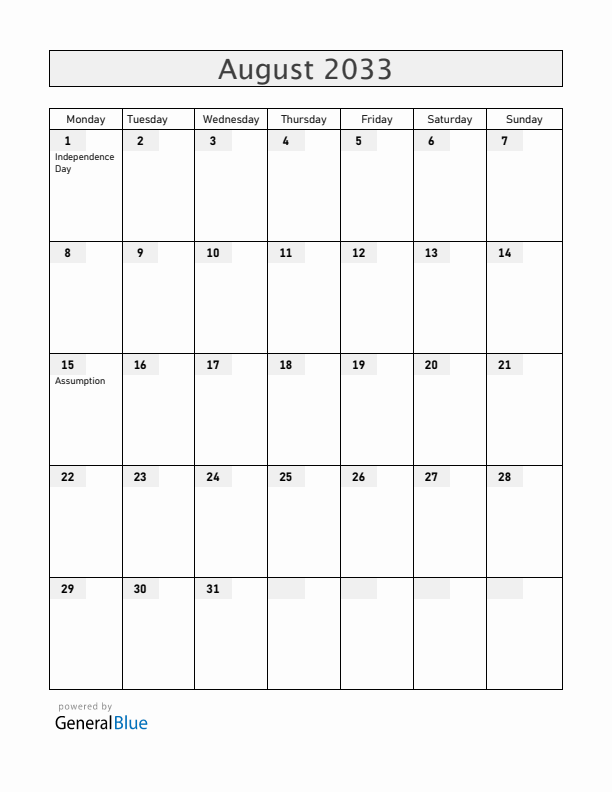 Benin August 2033 Calendar with Holidays