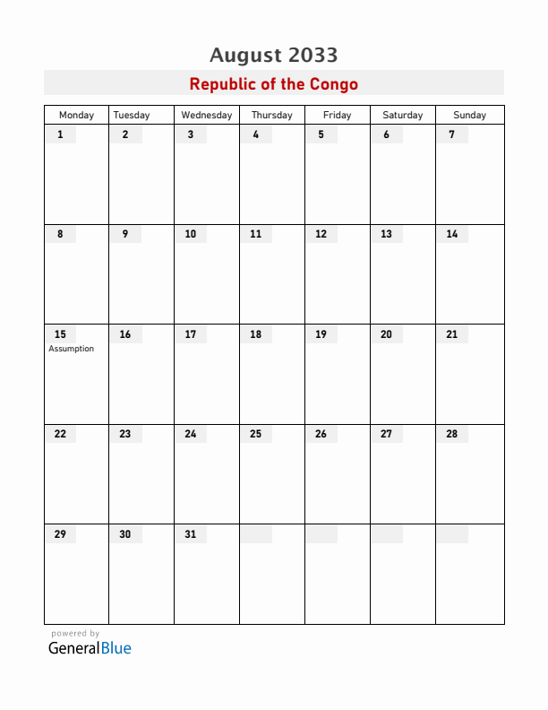 Republic of the Congo August 2033 Calendar with Holidays