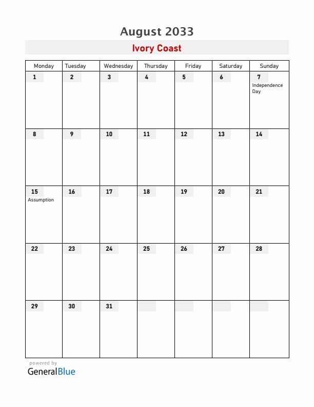 Ivory Coast August 2033 Calendar with Holidays