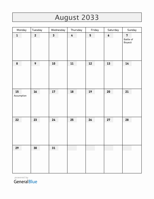 Colombia August 2033 Calendar with Holidays