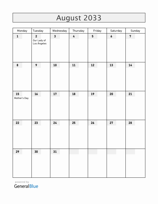 Costa Rica August 2033 Calendar with Holidays
