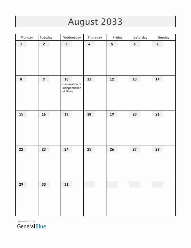 Ecuador August 2033 Calendar with Holidays
