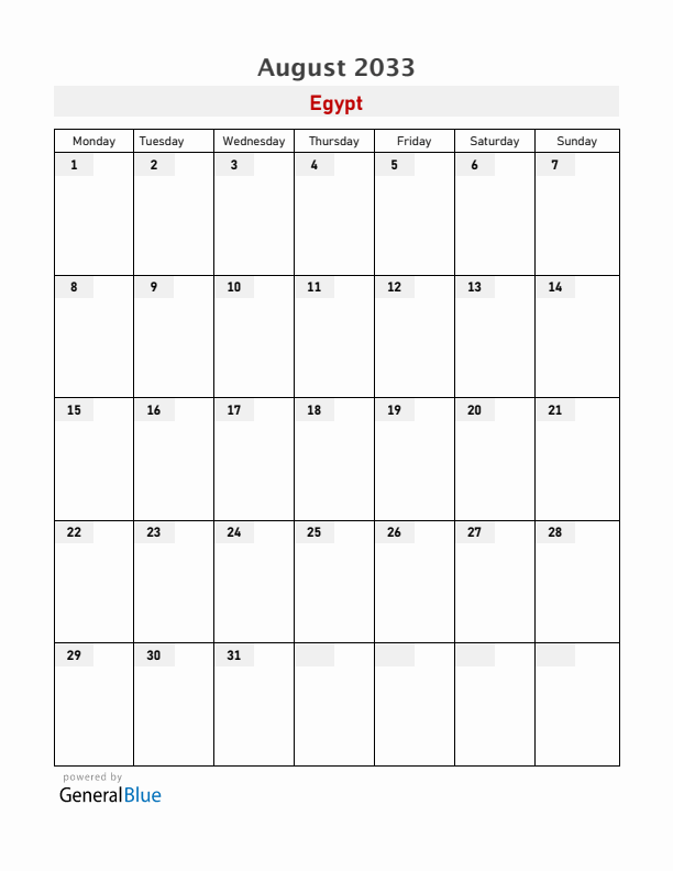 Egypt August 2033 Calendar with Holidays