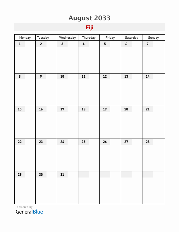 Fiji August 2033 Calendar with Holidays