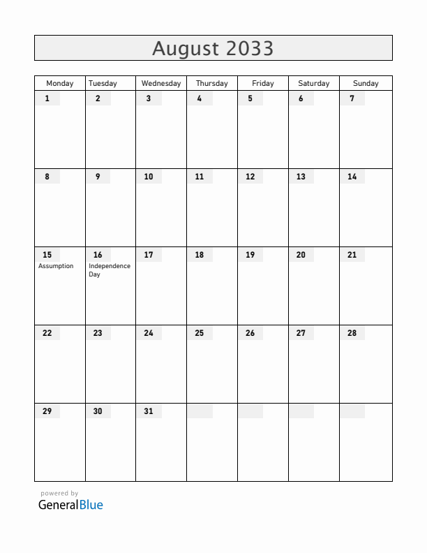 Gabon August 2033 Calendar with Holidays