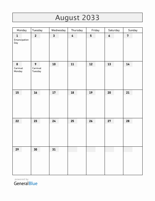 Grenada August 2033 Calendar with Holidays