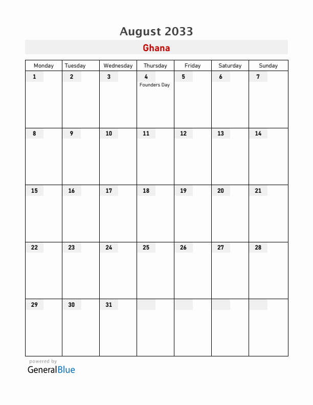 Ghana August 2033 Calendar with Holidays
