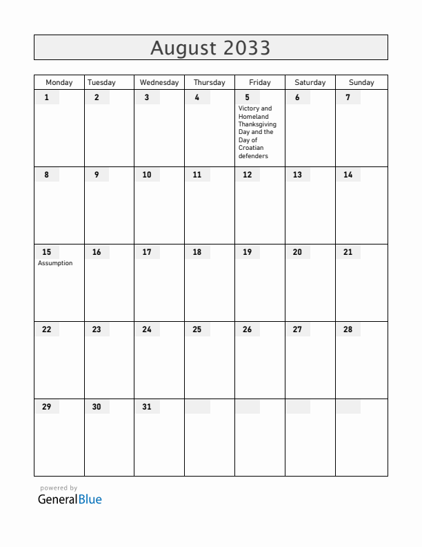 Croatia August 2033 Calendar with Holidays