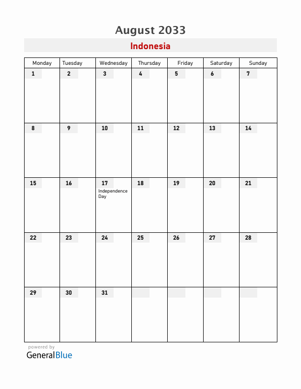 Indonesia August 2033 Calendar with Holidays