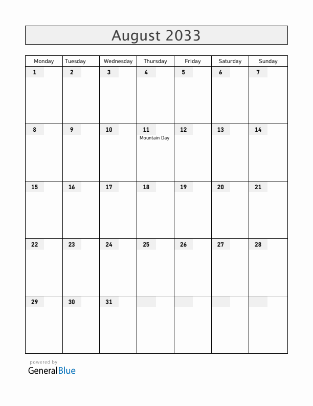 Japan August 2033 Calendar with Holidays