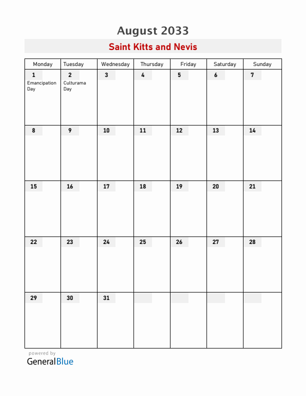 Saint Kitts and Nevis August 2033 Calendar with Holidays