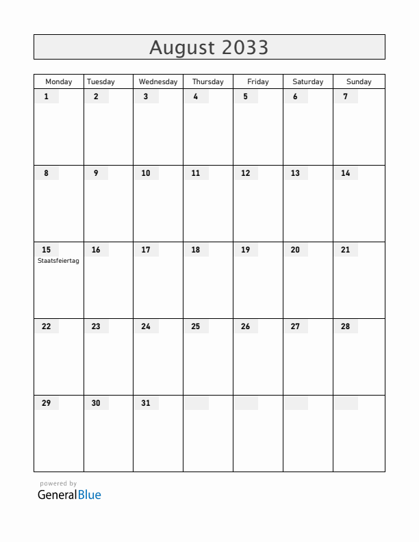 Liechtenstein August 2033 Calendar with Holidays
