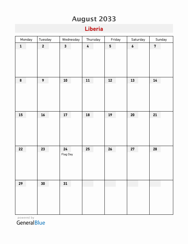 Liberia August 2033 Calendar with Holidays