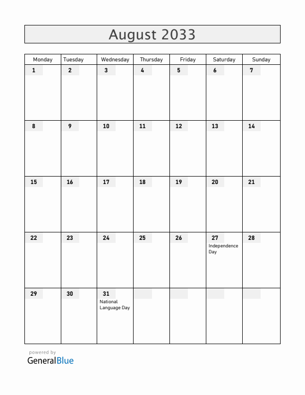 Moldova August 2033 Calendar with Holidays