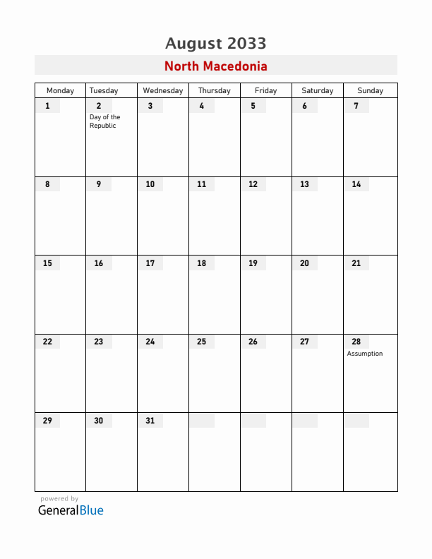 North Macedonia August 2033 Calendar with Holidays