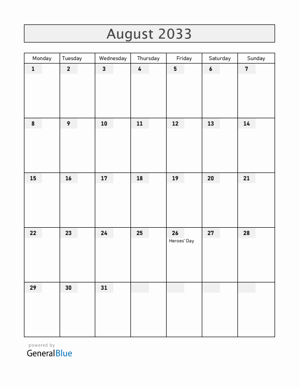 Namibia August 2033 Calendar with Holidays