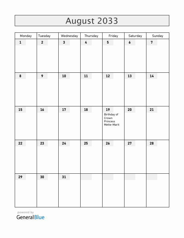 Norway August 2033 Calendar with Holidays