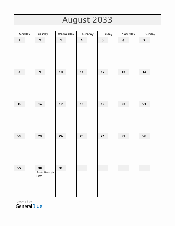 Peru August 2033 Calendar with Holidays