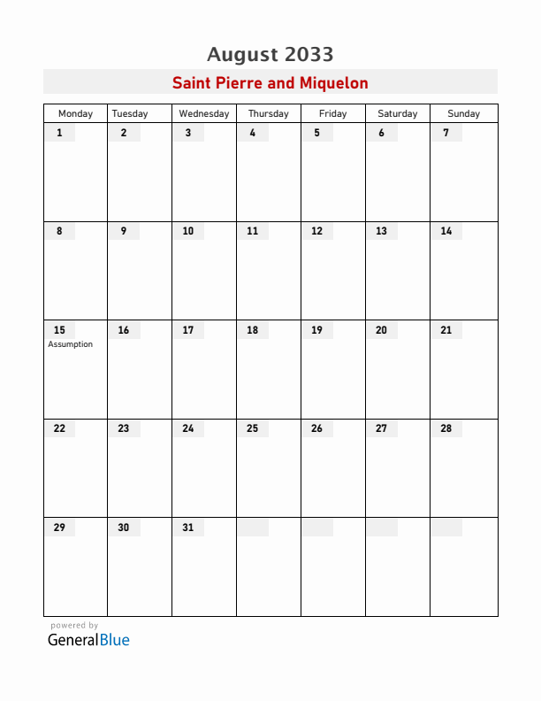 Saint Pierre and Miquelon August 2033 Calendar with Holidays
