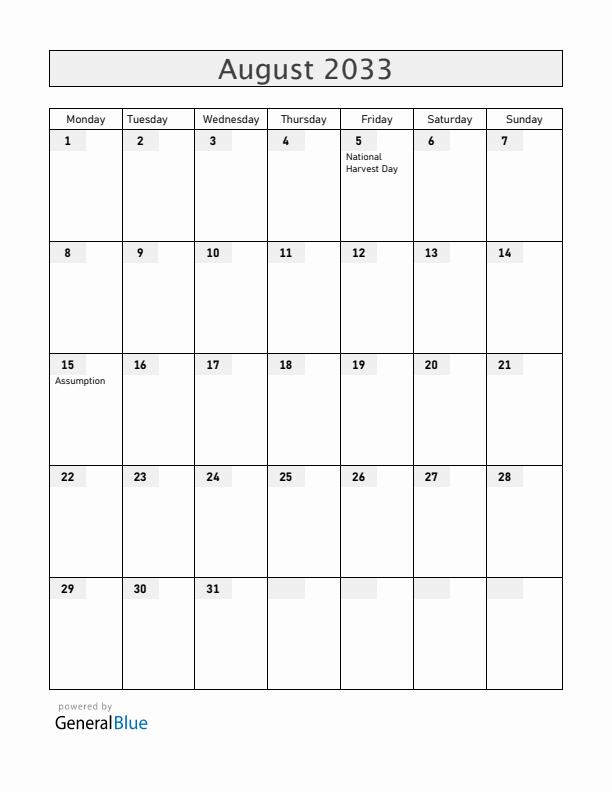 Rwanda August 2033 Calendar with Holidays