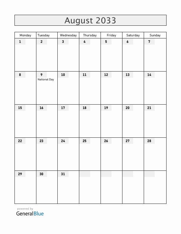 Singapore August 2033 Calendar with Holidays
