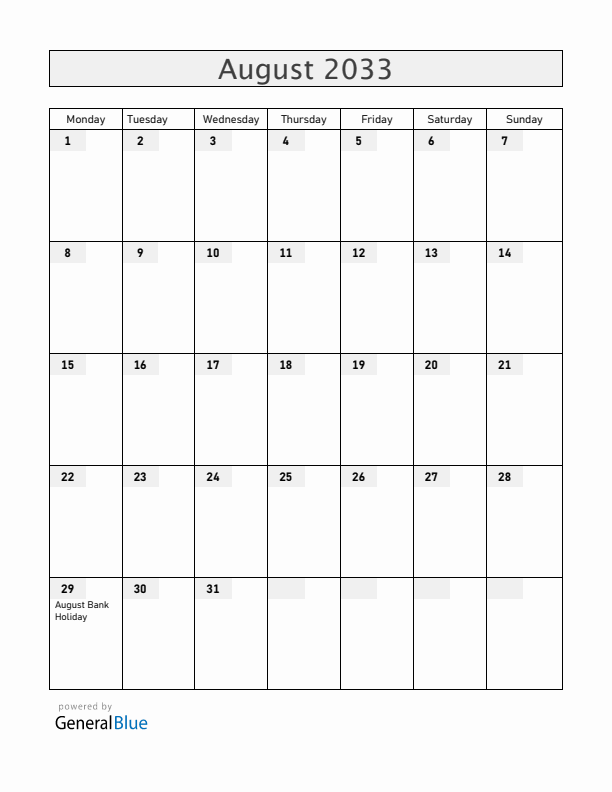 Saint Helena August 2033 Calendar with Holidays