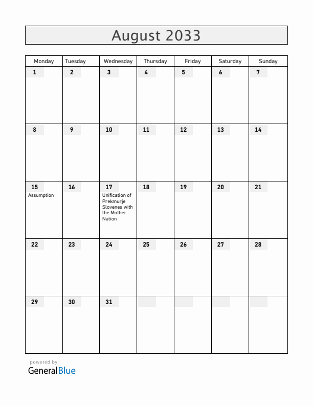 Slovenia August 2033 Calendar with Holidays