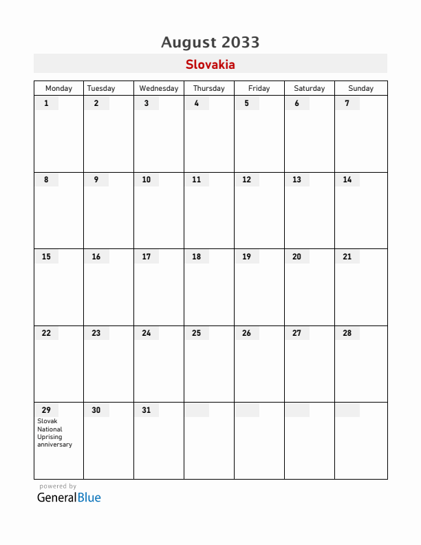 Slovakia August 2033 Calendar with Holidays
