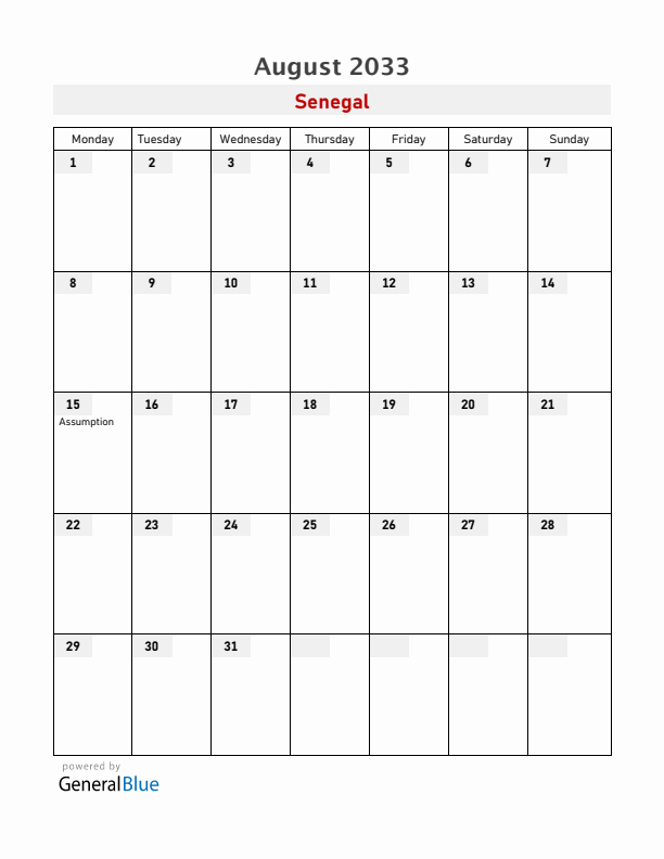 Senegal August 2033 Calendar with Holidays