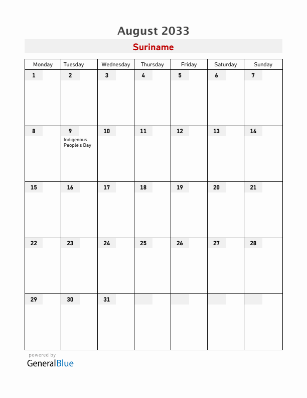 Suriname August 2033 Calendar with Holidays