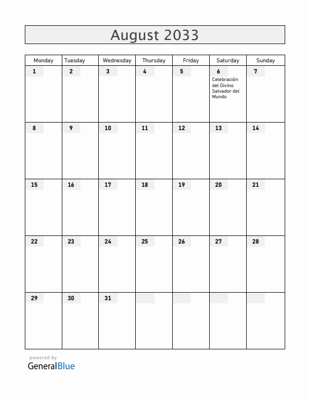 El Salvador August 2033 Calendar with Holidays