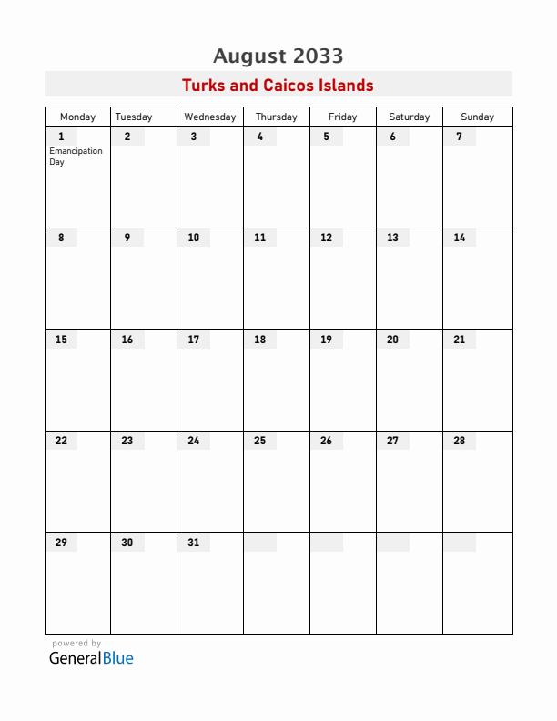 Turks and Caicos Islands August 2033 Calendar with Holidays