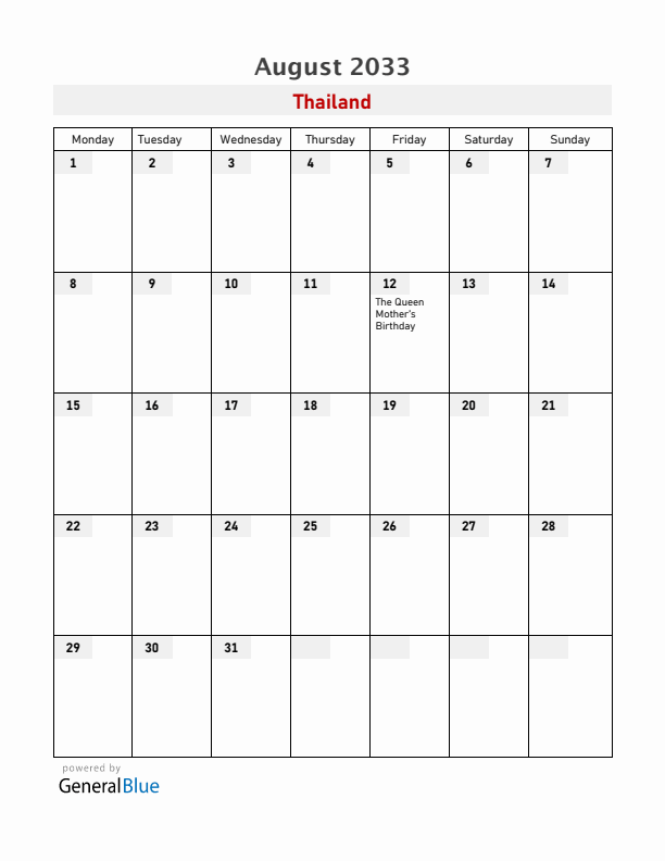 Thailand August 2033 Calendar with Holidays