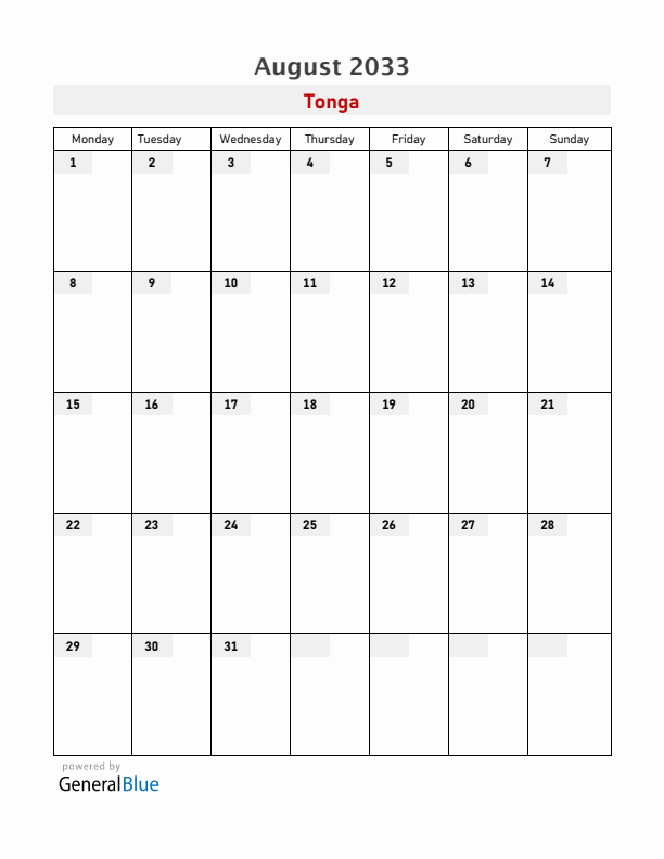 Tonga August 2033 Calendar with Holidays