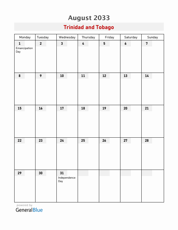 Trinidad and Tobago August 2033 Calendar with Holidays