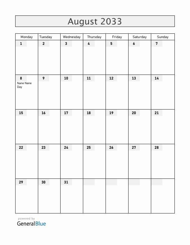 Tanzania August 2033 Calendar with Holidays