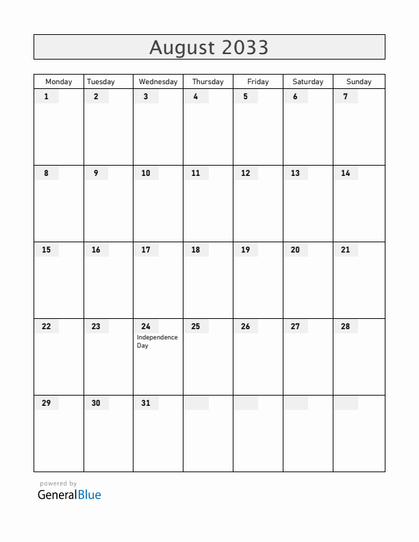 Ukraine August 2033 Calendar with Holidays